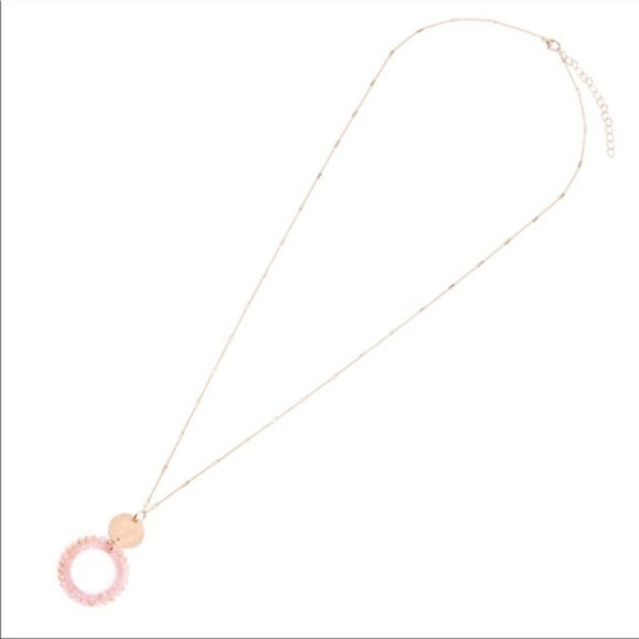 Glass Bead Pink Round Circle Pendant Resin Gold Tone Long Necklace - Picture 6 of 6